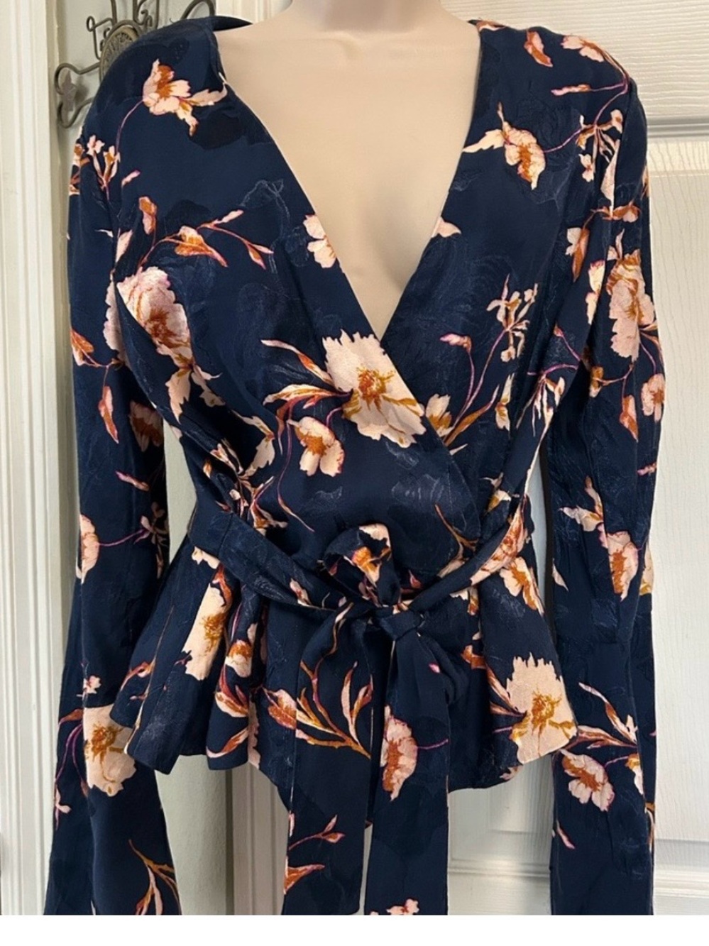 Free People Navy Floral Wrap Blouse with Tie Waist